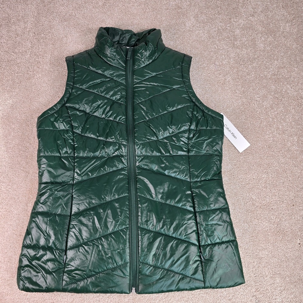 Calvin Klein Womens Sycamore Green Chevron Puffer Vest Small 445009X 301 NEW